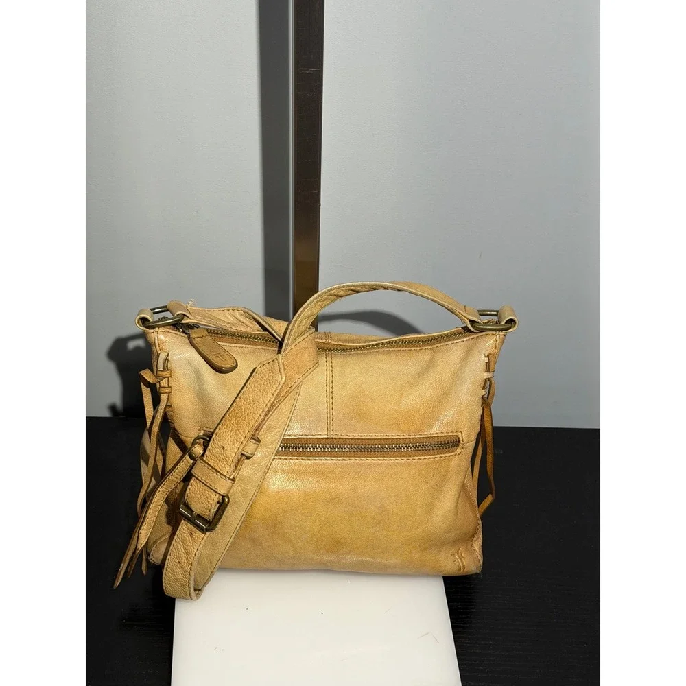 Frye Tan Leather Crossbody Bag Zip Top Tassel Detail Adjustable Strap